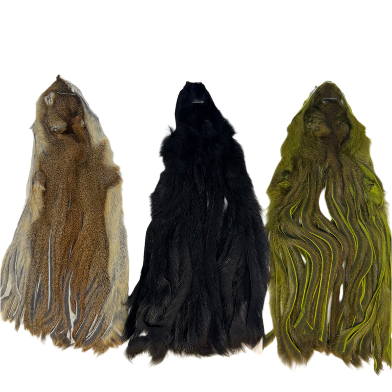 Squirrel zonkers in natural, black, and olive tones, fan-shaped fur pieces