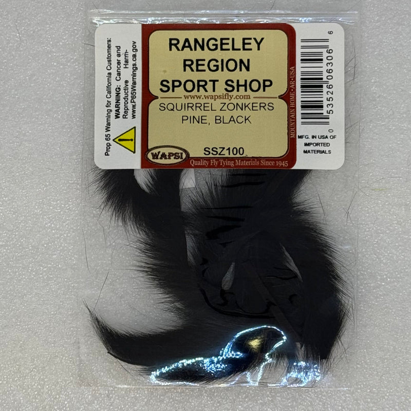 Packed squirrel zonkers with black fur tufts in plastic bag