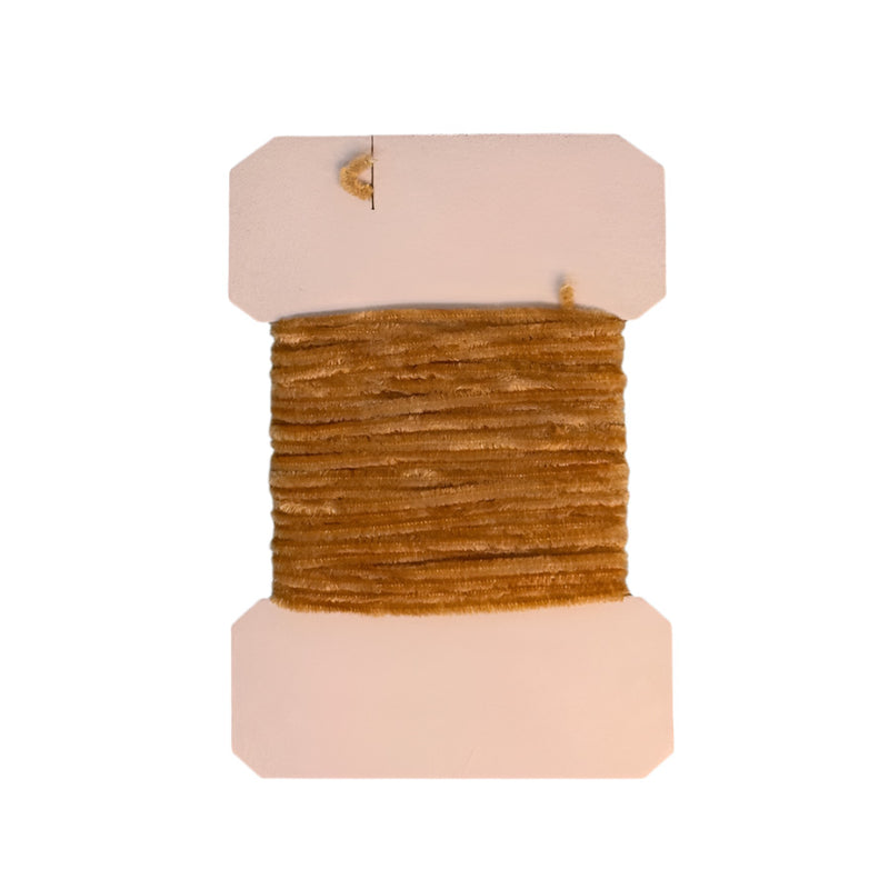 Fine rayon chenille thread spool in tan with top and bottom pads