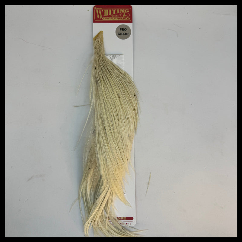 Pro grade half cape hackle, pale yellow feather fibers on card