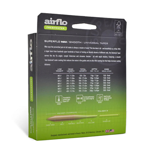 Airflo freshwater fishing line packaging with product details on a white background