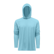 Light blue hooded sun hoodie with long sleeves and front kangaroo pocket