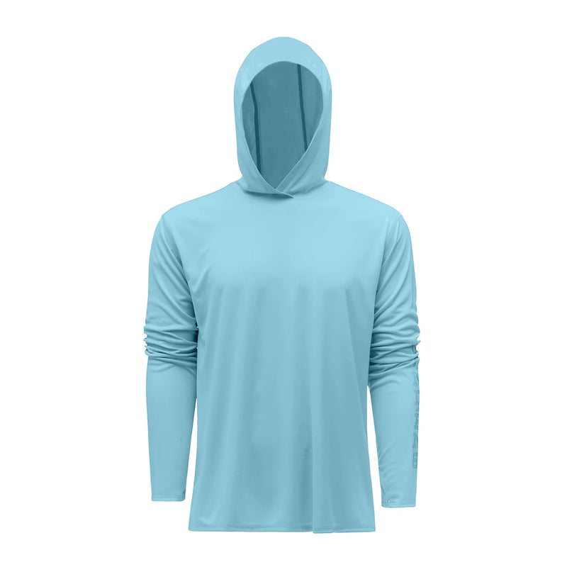 Light blue hooded sun hoodie with long sleeves and front kangaroo pocket