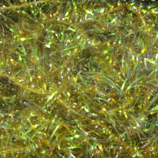 Chenille tinsel material swatch with olive green and yellow sparkle fibers