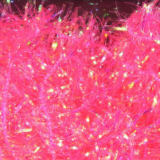 Pink chenille fly tying material with shimmering reflective fibers