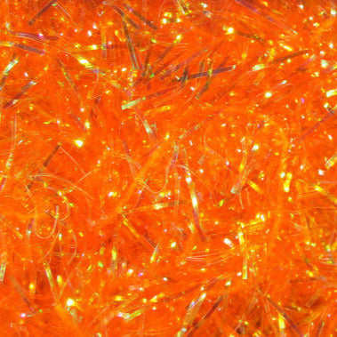 Orange chenille fly tying material with tinsel-like shimmering fibers