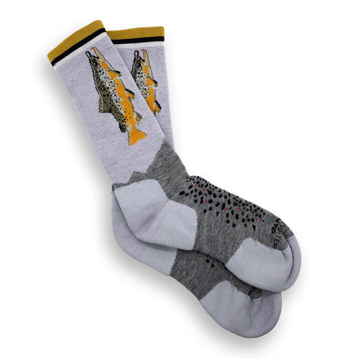 Merino blend crew socks in light gray with brown trout graphic, yellow cuff and gray heel