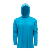 Blue hooded sun hoodie with long sleeves and front kangaroo pocket
