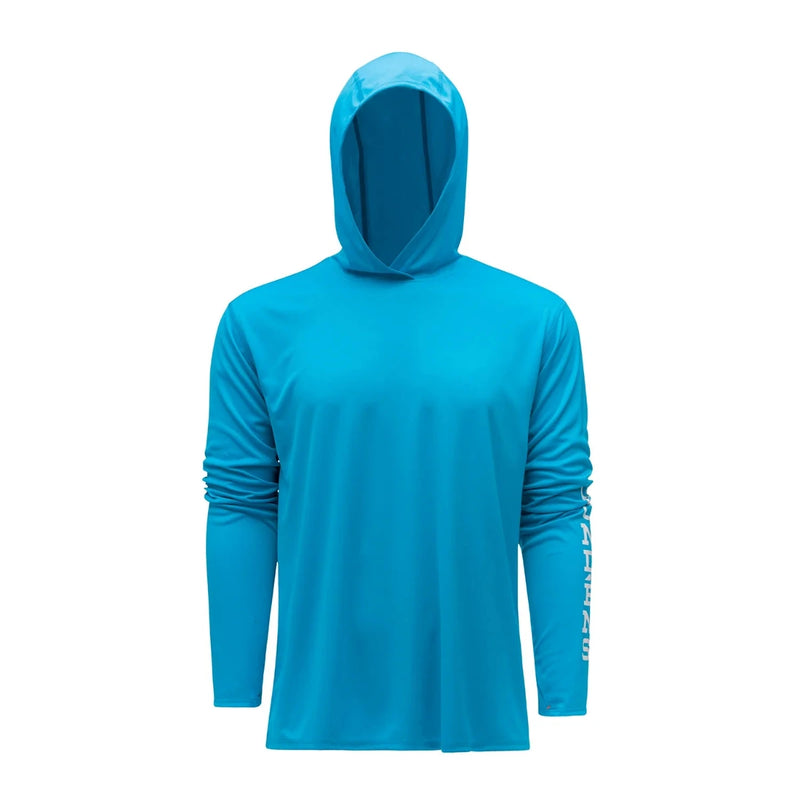 Blue hooded sun hoodie with long sleeves and front kangaroo pocket