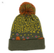 Knitted beanie with a brook trout skin design and orange pom-pom on a white background