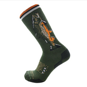 Green crew socks with multicolor graphic, orange ribbed cuff, cushioned toe