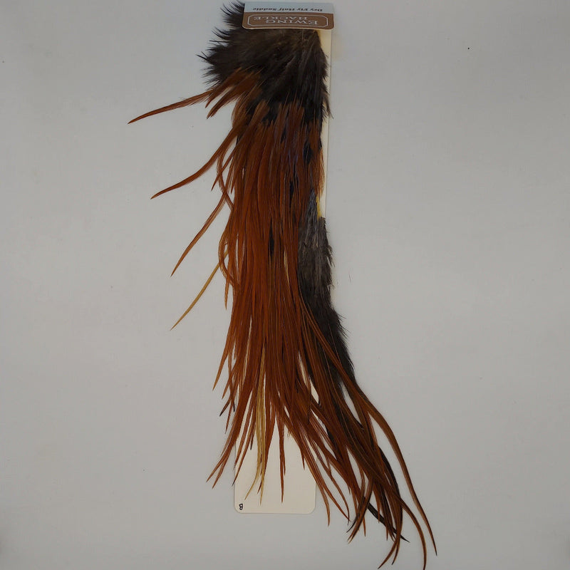 Dry fly half saddle, dark brown with rust-orange feather fibers