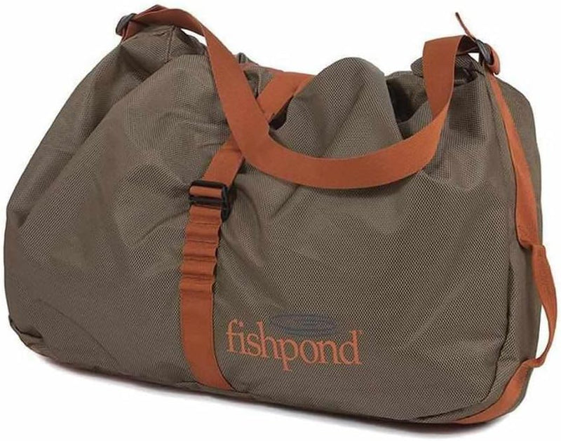 Fishpond Burrito Wader bag in gray with orange trim and shoulder strap