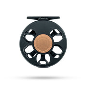 Matte black fly fishing reel spool with cutout spokes and center cap