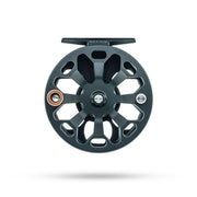 Dark gray fly fishing reel spool with cutout spokes and metal center cap