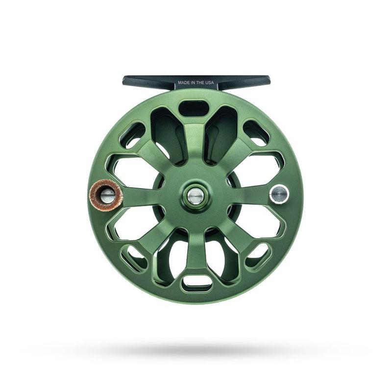 Matte olive fly fishing reel spool with cutout spokes and center cap