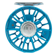Blue fly fishing reel spool with cutout spokes and metal center cap