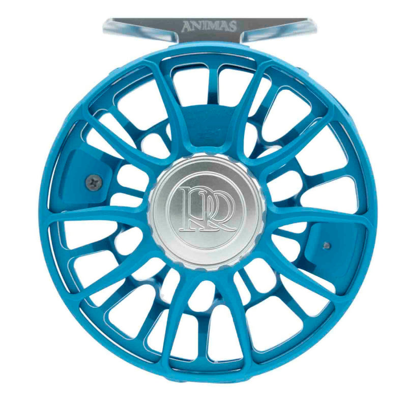 Blue fly fishing reel spool with cutout spokes and metal center cap