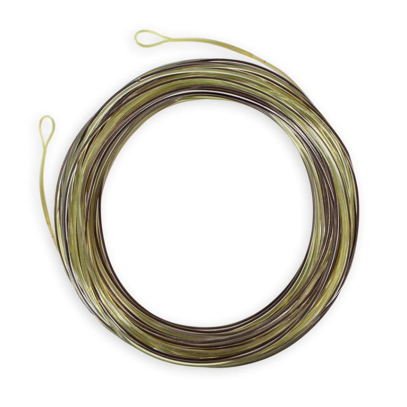 Camo clear delta taper fly line coil with green and dark bands