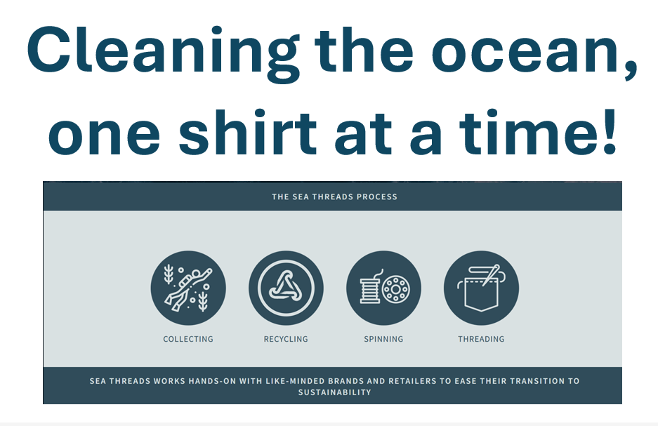 Promotional graphic for a sustainability initiative to clean the ocean with recycled materials, featuring icons and text about the process.