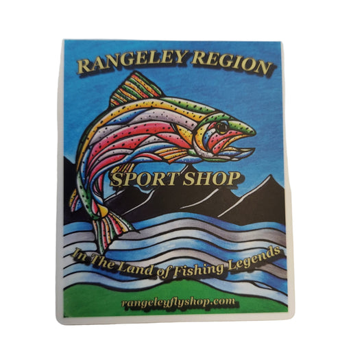 Colorful fish illustration on a sticker with shop name and slogan