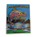 Colorful fish illustration on a sticker with shop name and slogan