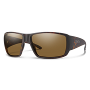 Polarized sunglasses with smoky gray frame and brown/tan gradient lenses