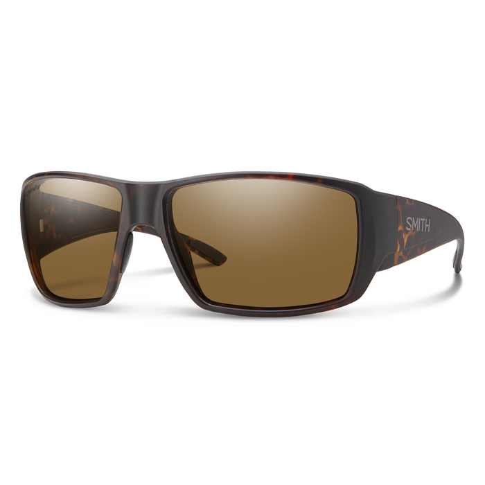 Polarized sunglasses with smoky gray frame and brown/tan gradient lenses