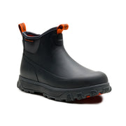 Black ankle rain boot with side pull tab and orange accent strap
