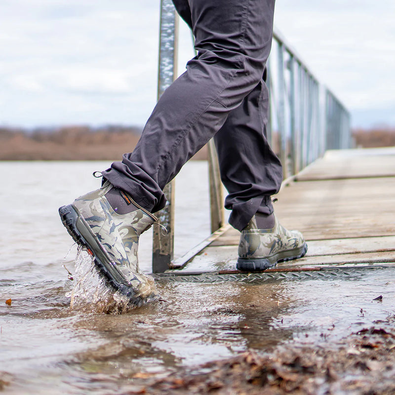 Camo-pattern ankle rain boots with dark uppers, worn near water