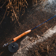Douglas LRS fly rod with cork handle, blue shaft, and reel/line hardware