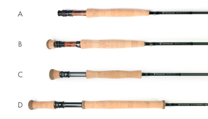 Four fishing rod options with cork handles and dark green/black shafts