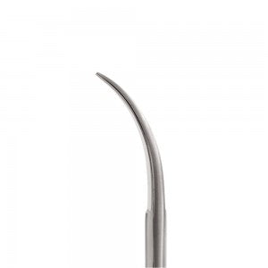 Curved metal scissor blade tip with sharp pointed end