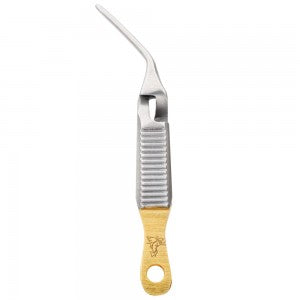 Extra hand tweezers with pointed metal tips and tan looped handle