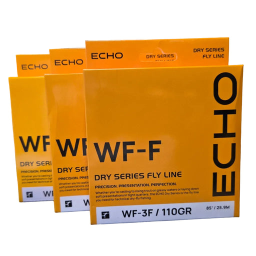 Orange Echo Dry Series fly line packaging boxes with large black text