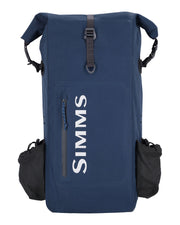 Navy blue rolltop backpack with SIMMS logo and roll-top closure plus side storage