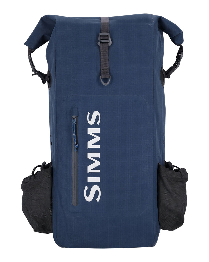 Navy blue rolltop backpack with SIMMS logo and roll-top closure plus side storage