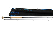 Fishing rod in black storage case with blue trim, cork grip and black reel seat