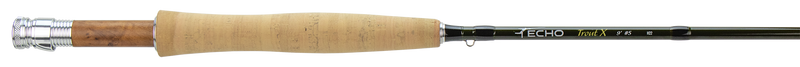 Fishing rod with dark shaft and cork-style wooden handle