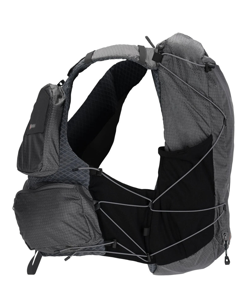 Smoke fishing vest with side pockets, adjustable straps, and hooded back