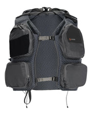 Smoke fishing vest with hood, zip front, and mesh paneling