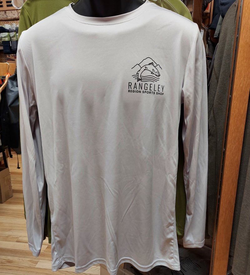 White long sleeve shirt with Rangeley region sports shop chest logo