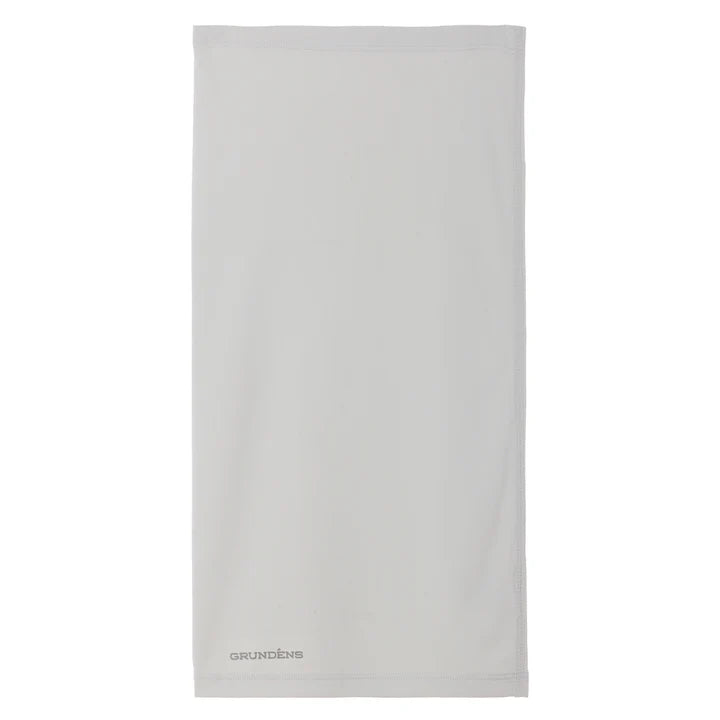 Light gray neck gaiter with small Grundens logo at bottom edge