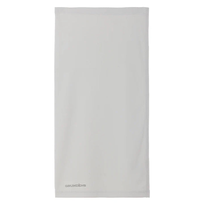 Gray neck gaiter with a small Grundens brand logo on a white background