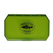 Green fly box with translucent green lid, hexagonal snap-close design