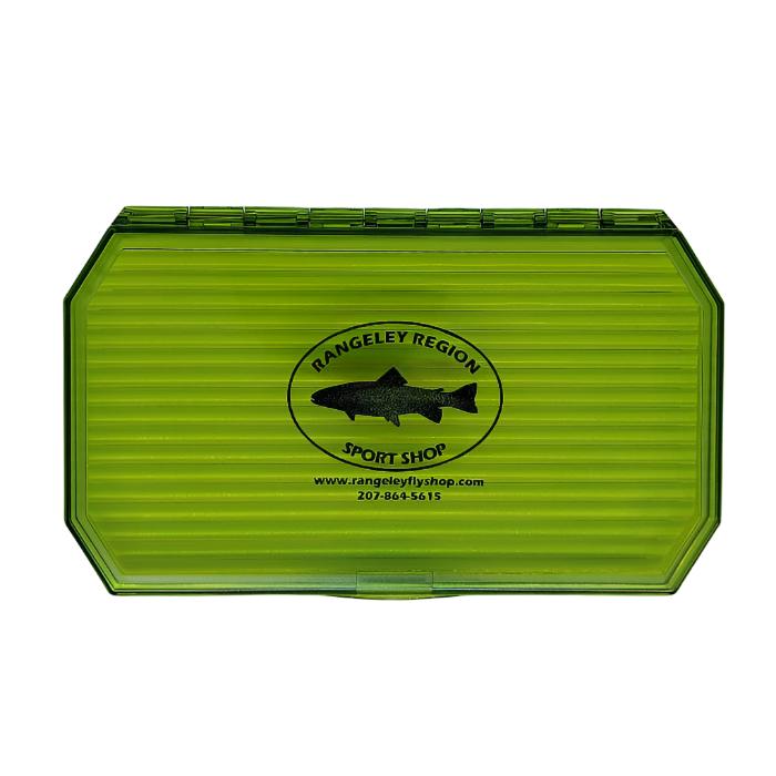 Green fly box with translucent green lid, hexagonal snap-close design