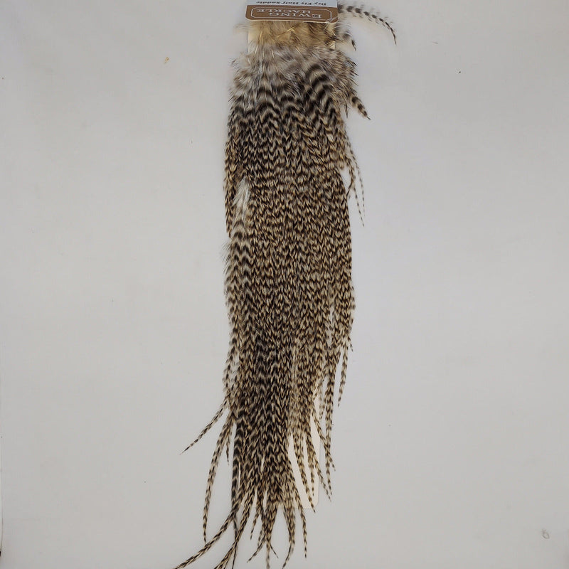 Dry fly half saddle, mottled brown and gray speckled feathers