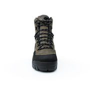 Wading boot heel and laces view in olive and dark brown with padded collar