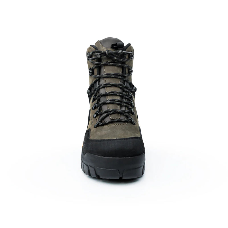 Wading boot heel and laces view in olive and dark brown with padded collar