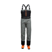 Men's stockingfoot waders in sage gray with black chest bib and orange accents